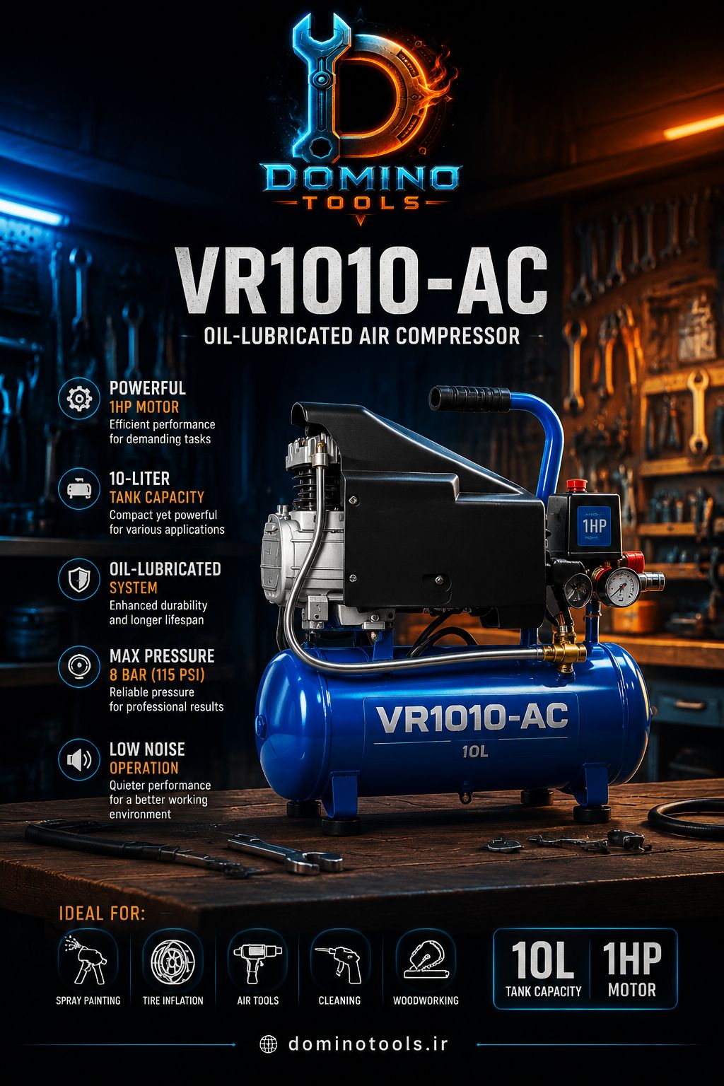 کمپرسور باد روغنی ۱۰ لیتری ۱ اسب بخار – مدل VR1010-AC